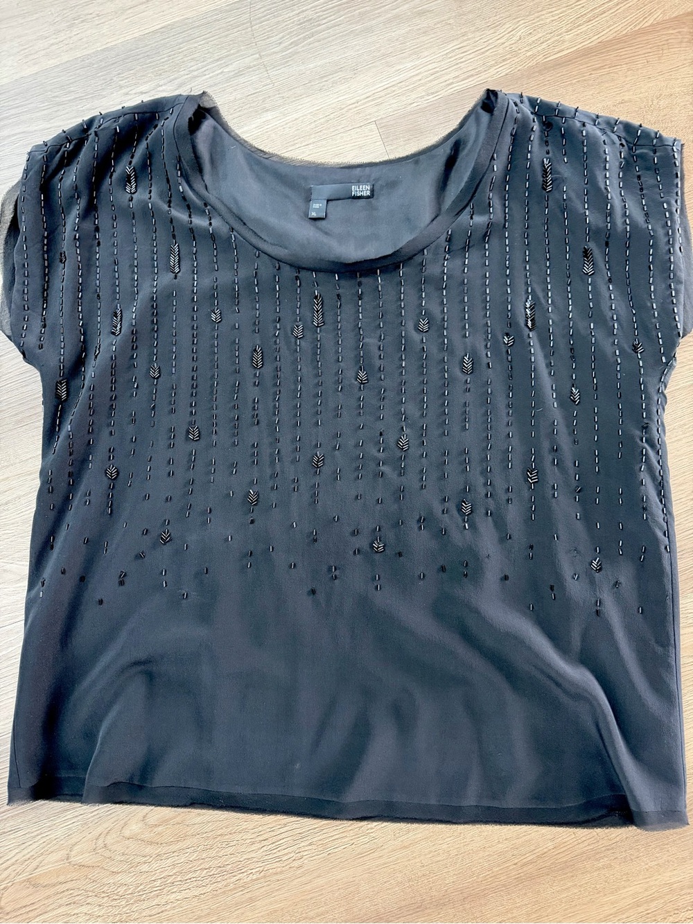 Eileen Fisher Black Short Sleeve  Silk Beaded Blouse Sz Xl